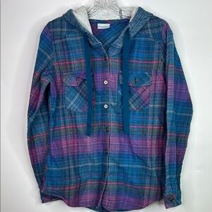 Columbia Hooded Blue Plaid Button Down Shacket Size Small